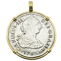 Spanish 2 reales dated 1783 in 14k gold pendant, The 1784 Shipwreck that Changed America.