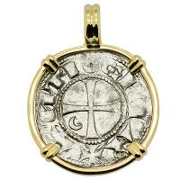 Antioch 1163-1188, Crusader Cross denier in 14k gold pendant.