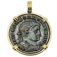 Roman Empire AD 313–314, Constantine and Sol follis in 14k gold pendant.