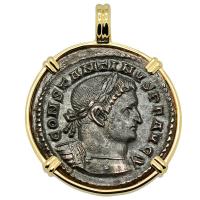 Roman Empire AD 315–317, Constantine and Sol follis in 14k gold pendant.