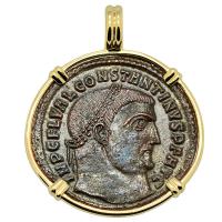 Roman Empire AD 313–315, Constantine and Jupiter follis in 14k gold pendant.