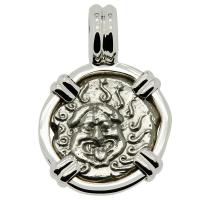 Greek 480-450 BC, Gorgon and anchor drachm in 14k white gold pendant.