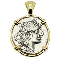 Roman Republic 128 BC, Roma and Victory chariot denarius in 14k gold pendant. 