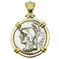 Roman Republic 100 BC, Minerva and Victory Chariot denarius in 14k gold pendant.