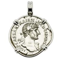 Roman Empire AD 117-138, Hadrian and Felicatas denarius in 14k white gold pendant.