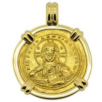 Byzantine AD 1025-1028, Jesus Christ and Constantine VIII gold nomisma in 18k gold pendant.