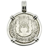 Spanish Pillar 1 real dated 1755 in 14k white gold pendant, The 1784 Shipwreck that Changed America.