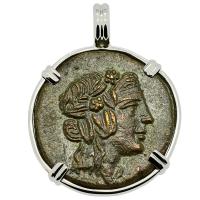 Greek 120-63 BC, God of Wine Dionysus and Cista Mystica bronze coin in 14k white gold pendant.