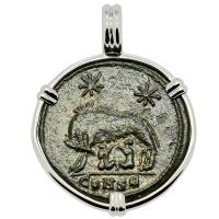 Roman Empire AD 330 - 336, She-Wolf Suckling Twins nummus in 14k white gold pendant. 