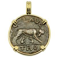 Roman Empire AD 250-268, She-Wolf Suckling Twins and Tyche coin in 14k gold pendant. 