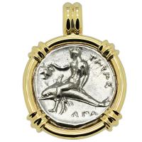 Greek - Italy 302-280 BC, Taras riding Dolphin and Horseman nomos in 14k gold pendant.
