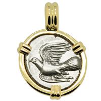 Greek 330-280 BC, Dove and Chimaera triobol in 14k gold pendant.
