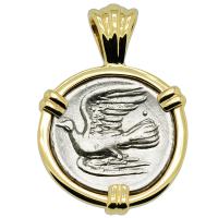 Greek 330-280 BC, Dove and Chimaera triobol in 14k gold pendant.
