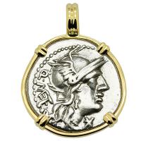 Roman Republic 130 BC, Roma and Jupiter chariot denarius in 14k gold pendant. 