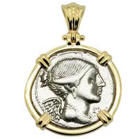 Roman Republic 108-107 BC, Victory and Mars denarius in 14k gold pendant.