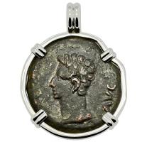 Roman Empire 19-18 BC, Emperor Caesar Augustus bronze coin in 14k white gold pendant.