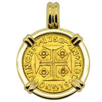 Portuguese 1000 Reis dated 1752, with cross and coat of arms in 18k gold pendant.