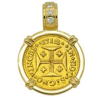Portuguese King John V 1000 Reis dated 1712, in 18k gold pendant with diamonds.