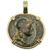Greek 133-27 BC, Athena and Owl bronze coin in 14k gold pendant.