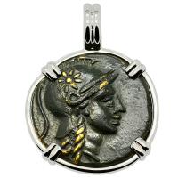 Greek 200-133 BC, Athena and Owl bronze coin in 14k white gold pendant.