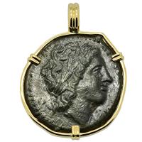 Greek Syracuse 287-278 BC, Zeus and Eagle bronze coin in 14k gold pendant.