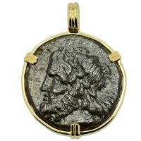 Greek 212-180 BC, Zeus and Nike chariot bronze coin in 14k gold pendant.