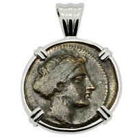 Greek 380-337 BC, Nymph Larissa and Horse bronze dichalkon in 14k white gold pendant.