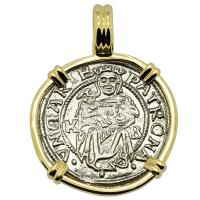 Hungarian dated 1534, Madonna and Child denar coin in 14k gold pendant. 
