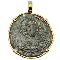 Byzantine 1078–1081, bronze follis in 14k gold pendant.