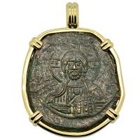 Byzantine 976-1025, bronze follis in 14k gold pendant.