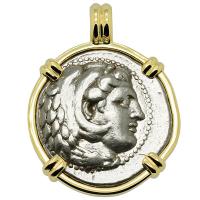 Greek 325-324 BC Lifetime Issue, Alexander the Great tetradrachm in 14k gold pendant.