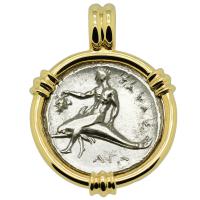 Greek - Italy 302-280 BC, Taras riding Dolphin and Horseman nomos in 14k gold pendant.