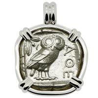 Greek 454-404 BC, Owl and Athena tetradrachm in 14k white gold pendant.