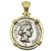Roman Republic 82 - 81 BC, Anna Perenna and Victory chariot denarius in 14k gold pendant. 