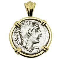 Roman Republic 105 BC, Queen Goddess Juno denarius in 14k gold pendant.