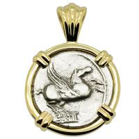 Roman Republic 90 BC, Pegasus and Mutnius Titinus denarius in 14k gold pendant.