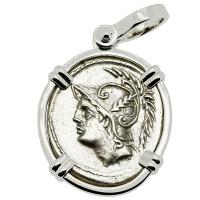 Roman Republic 103 BC, Mars and Warriors denarius in 14k white gold pendant.