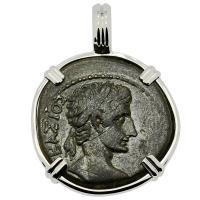 Roman Empire 16-14 BC, Emperor Caesar Augustus and Zeus bronze semis coin in 14k white gold pendant.