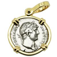 Roman Empire AD 125-128, Hadrian denarius in 14k gold pendant.