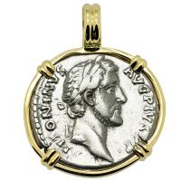 Roman Empire AD 139, Antoninus Pius and Pax denarius in 14k gold pendant.