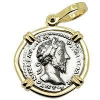 Roman Empire AD 161-180, Marcus Aurelius and Aequitas denarius in 14k gold pendant.