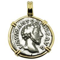 Roman Empire AD 161-163, Marcus Aurelius and Providentia denarius in 14k gold pendant.