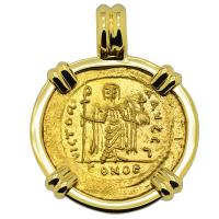 Byzantine AD 603-607, Angel and Emperor Phocas gold solidus in 18k gold pendant.