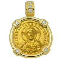 Byzantine 945-959, Jesus Christ with Constantine VII and Romanus II Solidus in 18k gold pendant with diamonds.