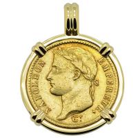 French Emperor Napoleon 20 francs dated 1813 in 14k gold pendant.