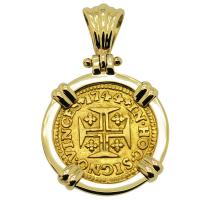 Portuguese 400 Reis dated 1744, with cross and crown in 14k gold pendant.