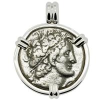 Greek-Egyptian 74-73 BC, Ptolemy 1st tetradrachm in 14k white gold pendant, Mediterranean Sea shipwreck.