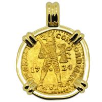 Dutch Ducat dated 1724 in 18k gold pendant, 1725 East Indiaman Shipwreck Norway. 