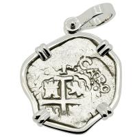 Colonial Spanish Peru, King Charles II one real dated 1696, in 14k white gold pendant.
