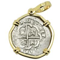 Spanish Madrid, King Philip IV two reales dated 1628, in 14k gold pendant.